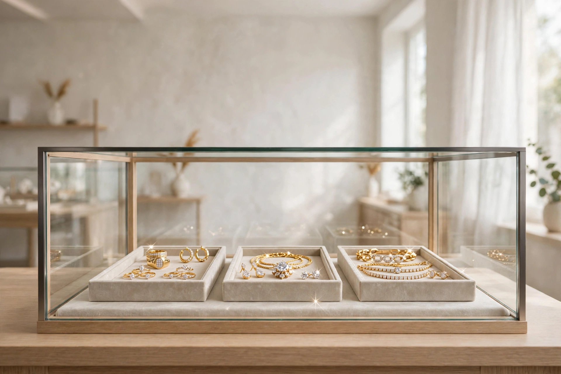 Gleaming stunning gold and diamond jewellery beautifully displayed